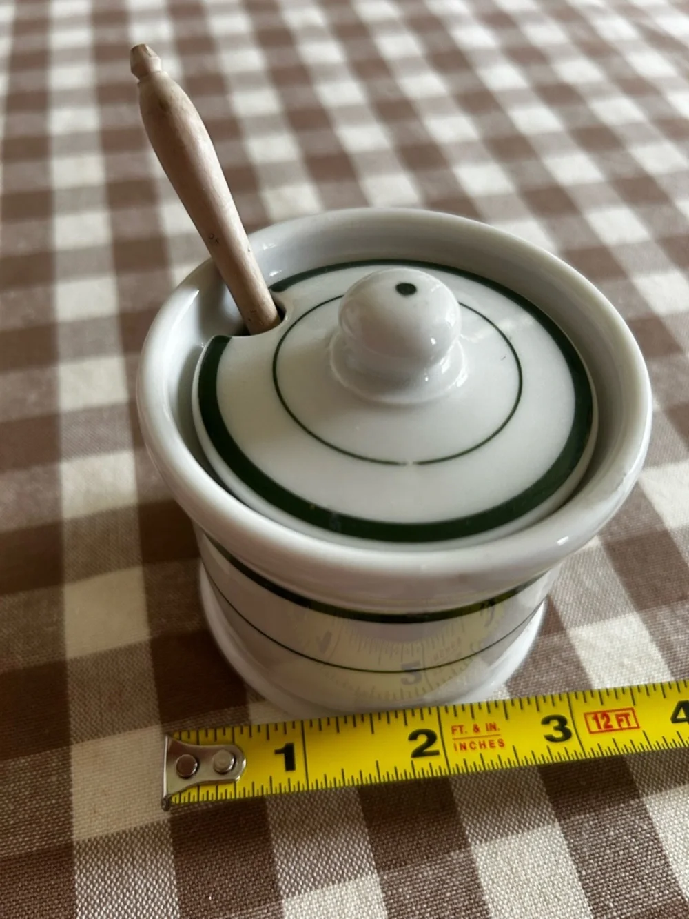 Classic Shenango Restaurant-ware Mustard Pot with Green Stripe & Wooden Spoon